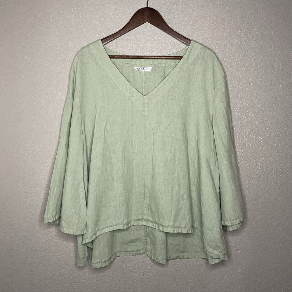 Bryn Walker XL 100% Linen Green Tunic Top Boho Lagenlook Coastal Artist USA